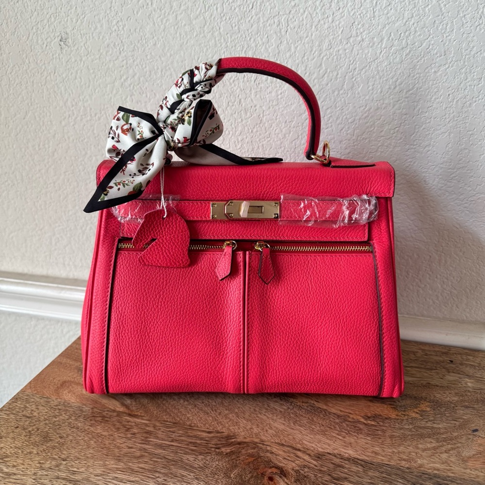 LEATHER INSIDE & OUT Highlighter Pink Pocket KL 28 Belted Bag Zipper Satchel C7